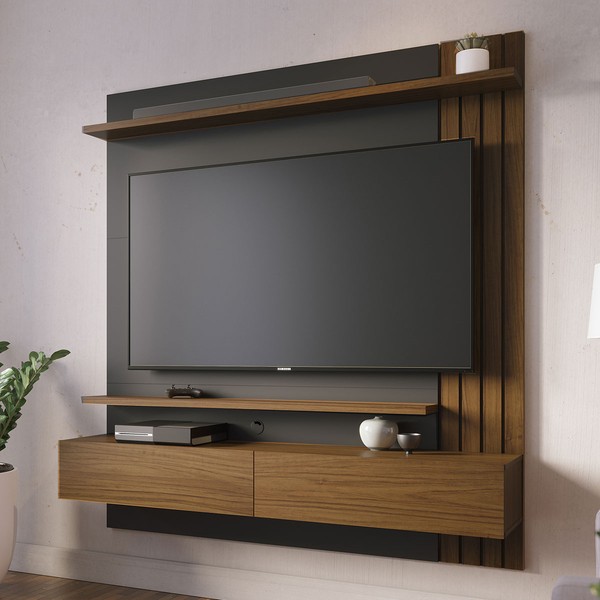 Painel para TV Até 65 Polegadas Juriti 2 Portas 2 Prateleiras Noce Milano/Preto Fosco - Colibri