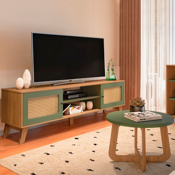 Sala de Estar Completa para TV Até 75 Polegadas Charlotte 2 Portas Carvalho/Menta - Pnr Móveis