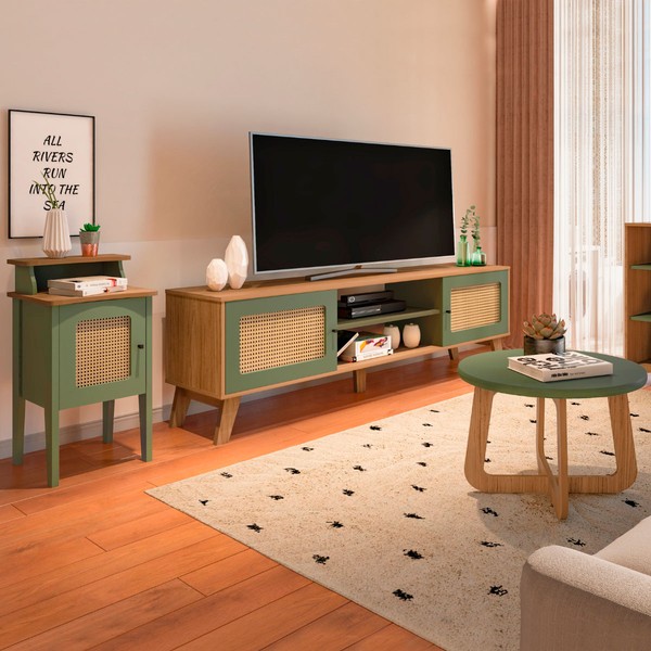 Sala de Estar Completa para TV Até 75 Polegadas Charlotte 3 Portas Carvalho/Menta - Pnr Móveis