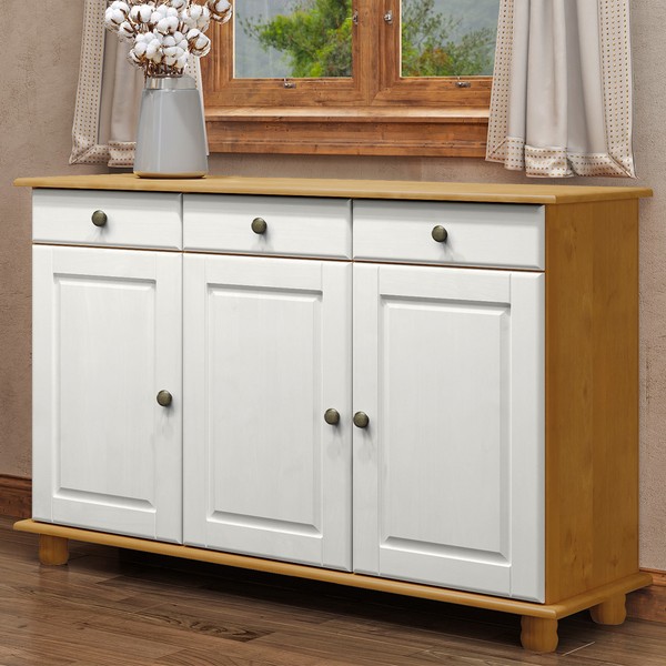 Balcão Buffet Rubi 3 Portas 3 Gavetas Madeira Maciça Carvalho/Branco - Finestra Móveis