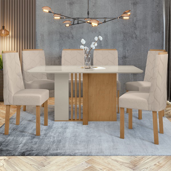 Mesa de Jantar 6 Lugares Astrid 100% Mdf Amêndoa Clean/Off White/Linho Bege 74884.173 - Móveis Lopas