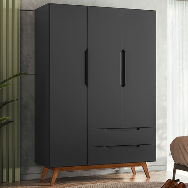 Guarda-Roupa Solteiro Alpi 3 Portas 2 Gavetas Preto - Olivar Móveis