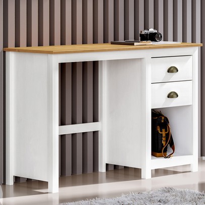 Mesa Escrivaninha Topázio 2 Gavetas Madeira Maciça Branco/Freijo - Finestra Móveis