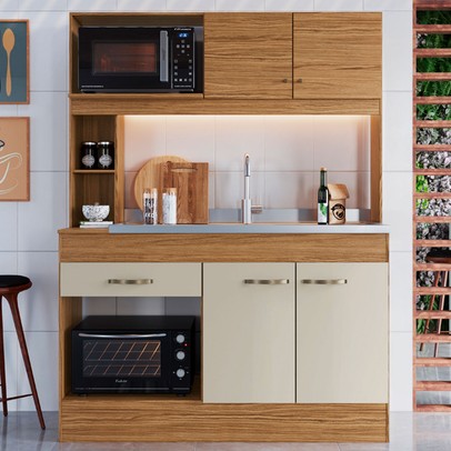 Cozinha Compacta Zeta 4 Portas 1 Gaveta Naturalle/Cristal - Decibal