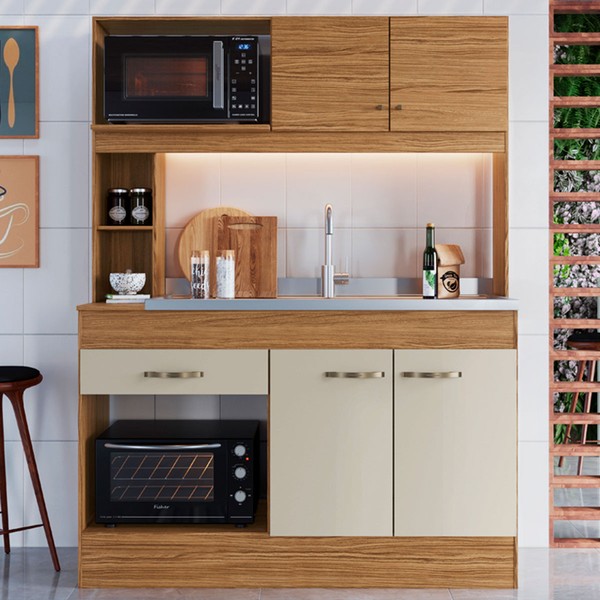 Cozinha Compacta Zeta 4 Portas 1 Gaveta Naturalle/Cristal - Decibal