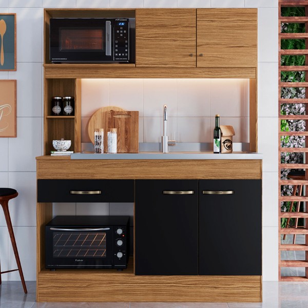 Cozinha Compacta Zeta 4 Portas 1 Gaveta Naturalle/Preto Fosco - Decibal
