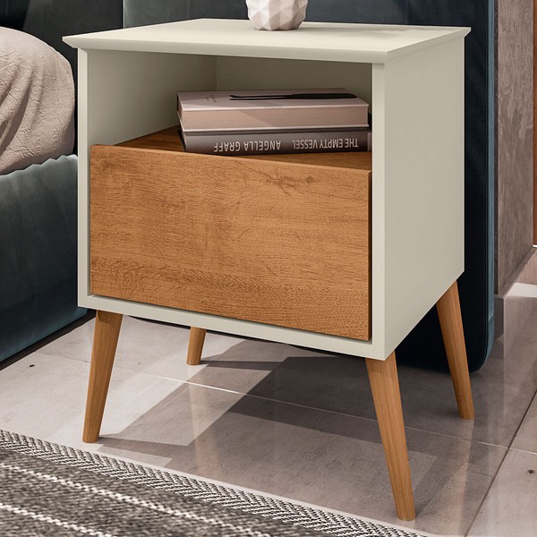 Mesa de Cabeceira Cancun 1 Gaveta Off White/Naturalle - Móveis Bechara