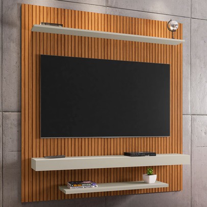 Painel para TV Até 60 Polegadas Leme 2 Prateleiras Ripado 3d Naturalle/Off White - Móveis Bechara