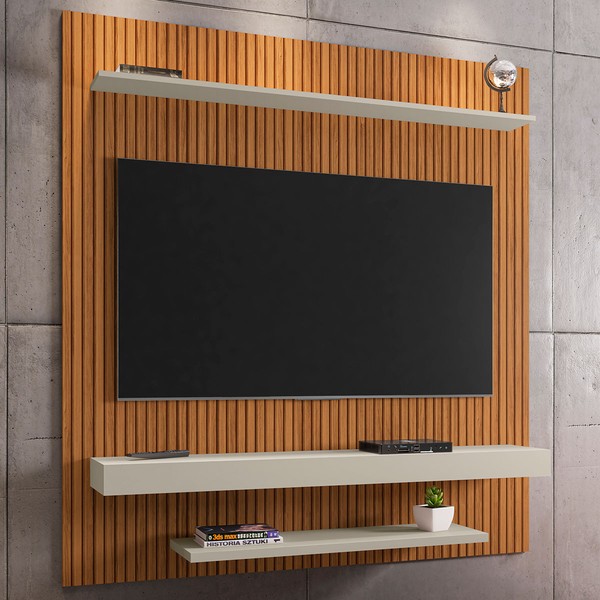 Painel para TV Até 60 Polegadas Leme 2 Prateleiras Ripado 3d Naturalle/Off White - Móveis Bechara
