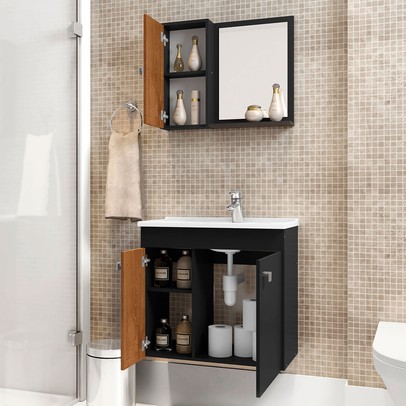 Armário de Banheiro 3 Portas com Cuba Munique Preto Fosco - Móveis Bechara