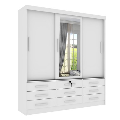Guarda-Roupa Casal Chicago 3 Portas 9 Gavetas com Espelho Neve - Tcil Móveis