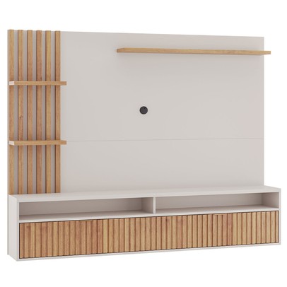 Painel para TV Até 65 Polegadas Dell 1 Porta 3 Prateleiras Ripado Off White/Mel - Viero Móveis