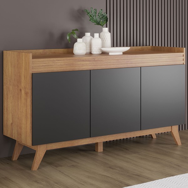 Balcão Buffet Miami 3 Portas Mel/Black - Viero Móveis