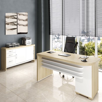 Escritório Completo Tamburato 2 Portas 7 Gavetas Carvalho/Branco - Artany Móveis
