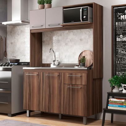 Cozinha Compacta Júlia 5 Portas 1 Gaveta Nogueira/Fume - Jcarvalho