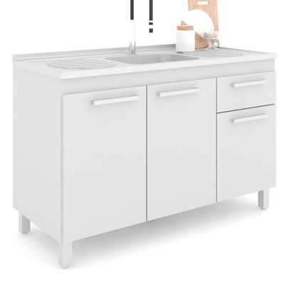 Balcão de Cozinha para Pia Caroline 3 Portas 1 Gaveta Branco - Pnr Móveis