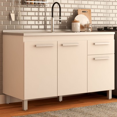 Balcão de Cozinha para Pia Caroline 3 Portas 1 Gaveta Branco - Pnr Móveis