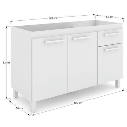 Balcão de Cozinha para Pia Caroline 3 Portas 1 Gaveta Branco - Pnr Móveis