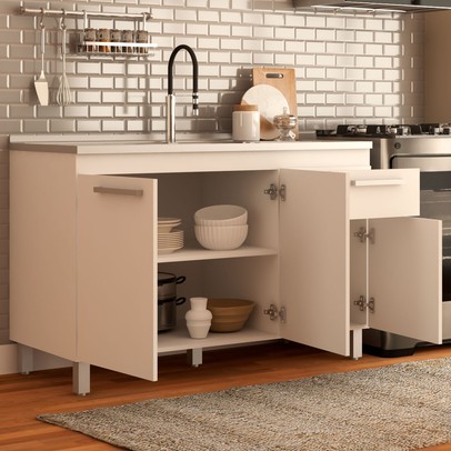 Balcão de Cozinha para Pia Caroline 3 Portas 1 Gaveta Branco - Pnr Móveis