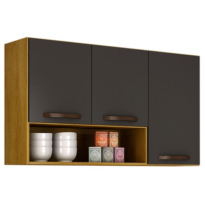 Armário Aéreo Cozinha Maisa 3 Portas Cinamomo/Grafite - Chf Móveis