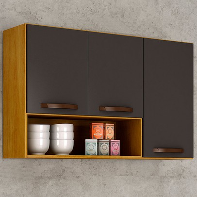 Armário Aéreo Cozinha Maisa 3 Portas Cinamomo/Grafite - Chf Móveis