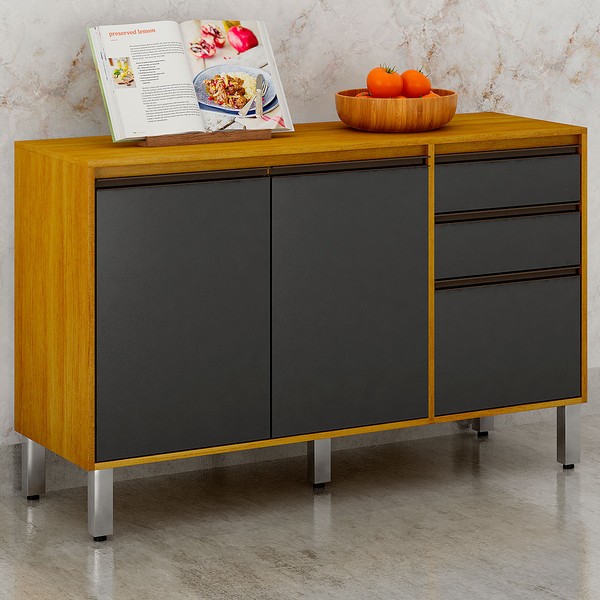 Balcão de Cozinha Eduarda 3 Portas 2 Gavetas Cinamomo/Grafite - Chf Móveis