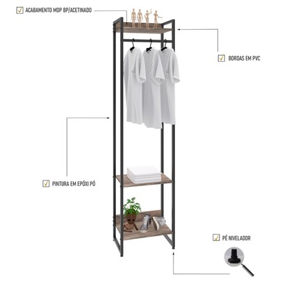 Closet Arara 3 Prateleiras Carvalho Dark/Preto 19219 - Compace