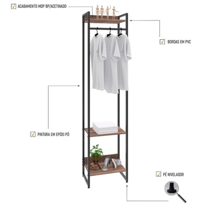 Closet Arara 3 Prateleiras Nogal/Preto 19219 - Compace