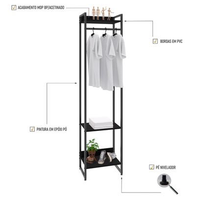 Closet Arara 3 Prateleiras Preto ônix/Preto 19219 - Compace