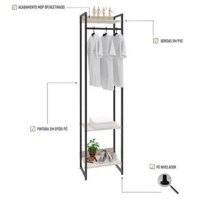 Closet Arara 3 Prateleiras Snow/Preto 19219 - Compace