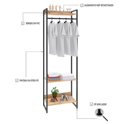 Closet Arara 3 Prateleiras Carvalho/Preto 19223 - Compace