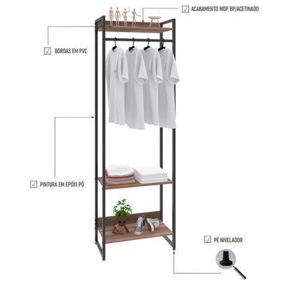 Closet Arara 3 Prateleiras Nogal/Preto 19223 - Compace