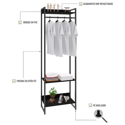 Closet Arara 3 Prateleiras Preto ônix/Preto 19223 - Compace