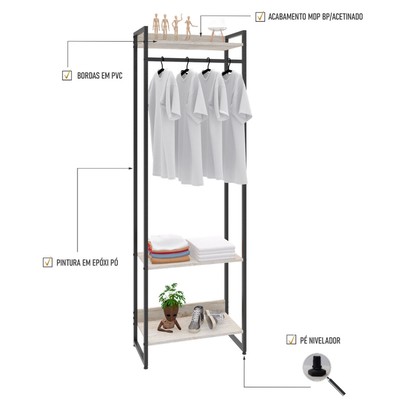 Closet Arara 3 Prateleiras Snow/Preto 19223 - Compace