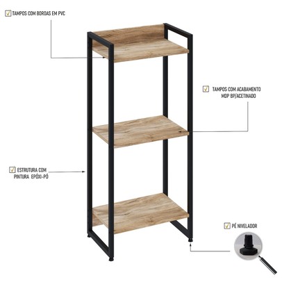 Estante para Livros Dynamica 3 Prateleiras Carvalho/Preto 19171 - Compace