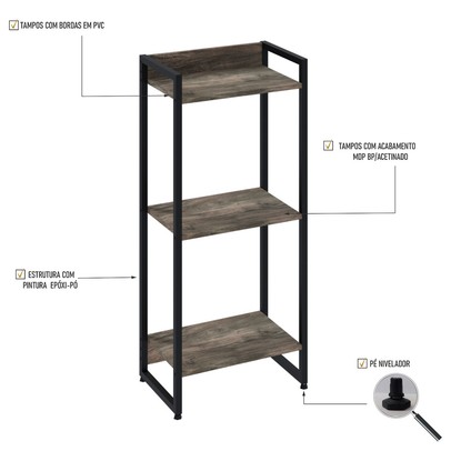 Estante para Livros Dynamica 3 Prateleiras Carvalho Dark/Preto 19171 - Compace