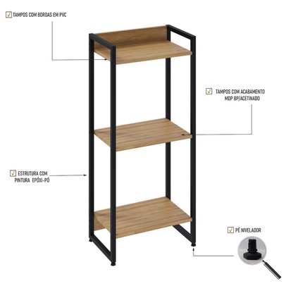 Estante para Livros Dynamica 3 Prateleiras Lâmina Mel/Preto 19171 - Compace