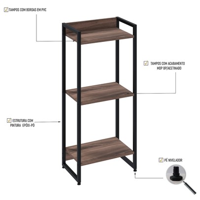 Estante para Livros Dynamica 3 Prateleiras Nogal/Preto 19171 - Compace