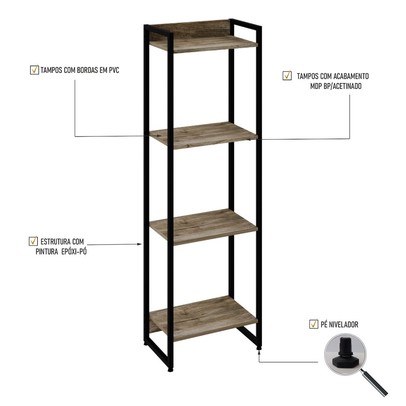 Estante para Livros Dynamica 4 Prateleiras Carvalho/Preto 19181 - Compace