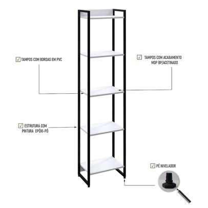Estante para Livros Dynamica 5 Prateleiras Branco Chess/Preto 19191 - Compace
