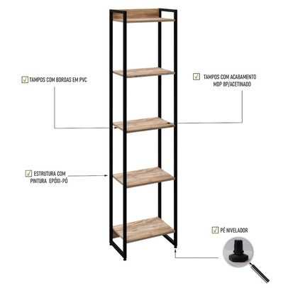 Estante para Livros Dynamica 5 Prateleiras Carvalho/Preto 19191 - Compace