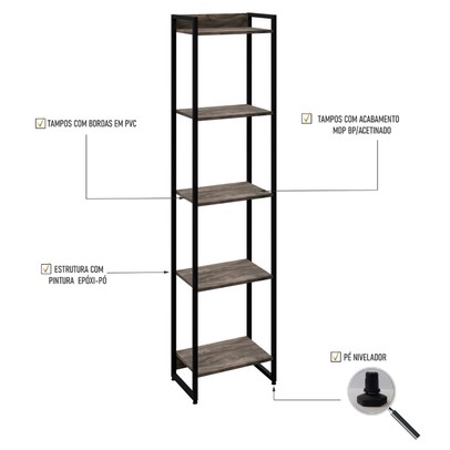 Estante para Livros Dynamica 5 Prateleiras Carvalho Dark/Preto 19191 - Compace