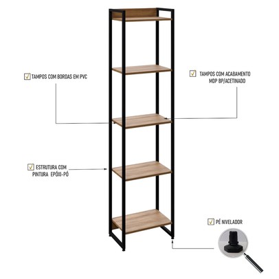Estante para Livros Dynamica 5 Prateleiras Lâmina Mel/Preto 19191 - Compace