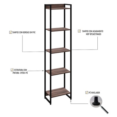 Estante para Livros Dynamica 5 Prateleiras Nogal/Preto 19191 - Compace