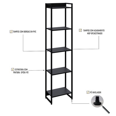 Estante para Livros Dynamica 5 Prateleiras Preto ônix/Preto 19191 - Compace