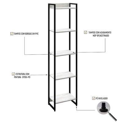 Estante para Livros Dynamica 5 Prateleiras Snow/Preto 19191 - Compace
