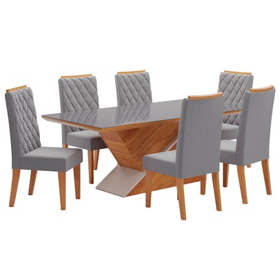 Mesa de Jantar 6 Lugares Mira com Vidro Mel/Veludo Cinza/Grafite - Viero Móveis