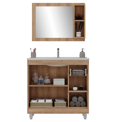 Armário de Banheiro 80 Cm 3 Portas 1 Gaveta com Cuba Castanho/Branco 000118 - Ozini Móveis