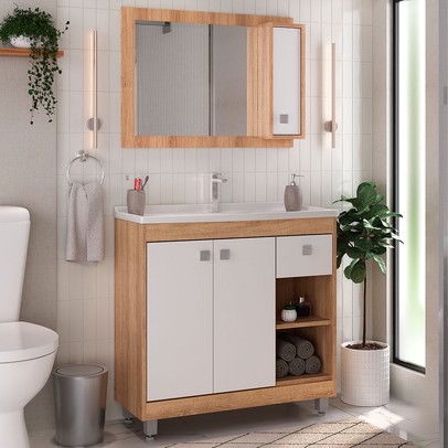 Armário de Banheiro 80 Cm 3 Portas 1 Gaveta com Cuba Castanho/Branco 000118 - Ozini Móveis