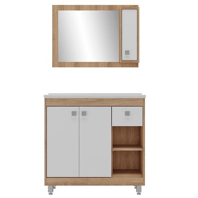 Armário de Banheiro 80 Cm 3 Portas 1 Gaveta com Cuba Castanho/Branco 000118 - Ozini Móveis